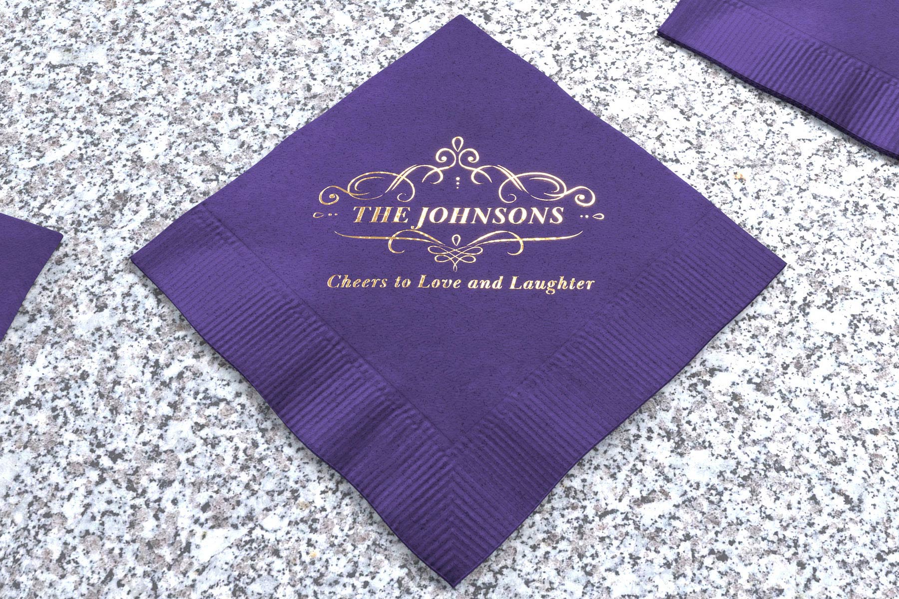 Purple Wedding Napkins Personalized with Gold Foil Stamping
